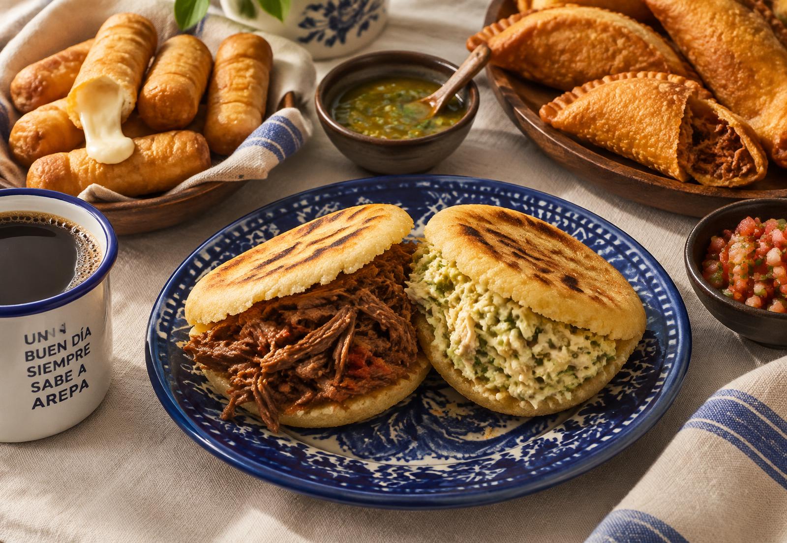 Arepas, tequeños and empanadas on a blue plate